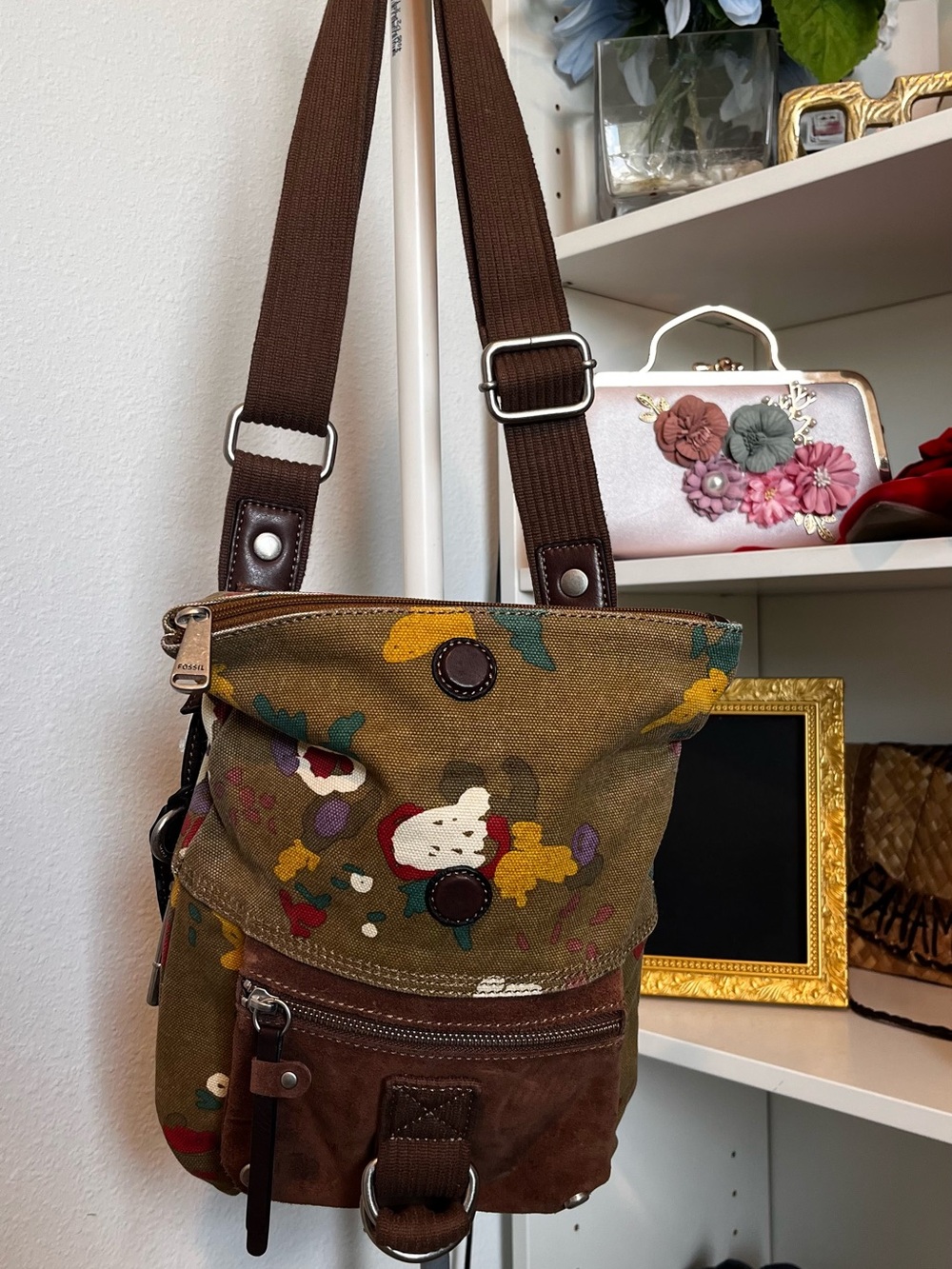 Fossil Olive Brown Floral Canvas Crossbody Bag with Brown Strap